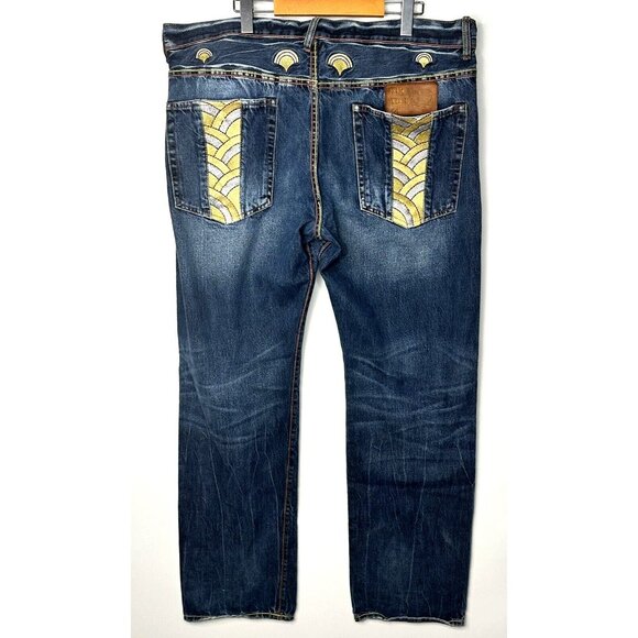 The Year Of Pig Mens Jeans Distressed Gold Silver Embroidered Straight 40x34 - Picture 2 of 16